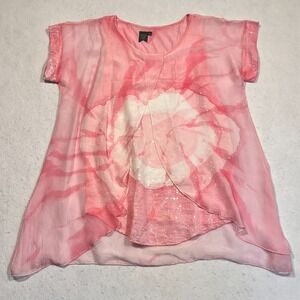 Moda Seta Italy Top Blouse Sheer Overlay Pink Sequin Silk Blend Flowy Size Large